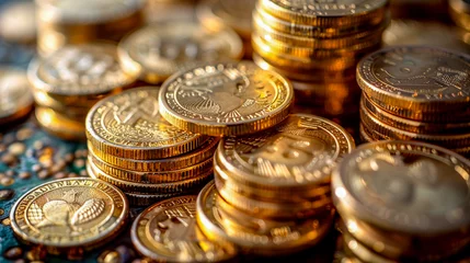Tuinposter Multiple stacks of shiny gold coins on a surface with a warm background © Sirichai Puangsuwan