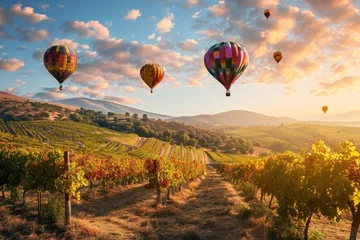Fototapeten Air balloons, Colorful hot air balloons flying over picturesque vineyards, AI generated © Tanu