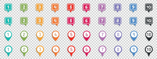 Button Map Pointer Set With Number Bullet Point From 1 To 10 - Vector Illustration Isolated On Transparent Background