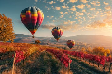 Air balloons, Colorful hot air balloons flying over picturesque vineyards, AI generated