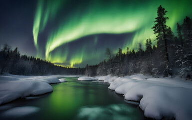 Northern Lights over snow-covered Lapland forest, ethereal green skies, silent, magical winter night