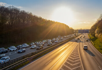 Cars in traffic on multiple lane highway at Bavaria, Germany
