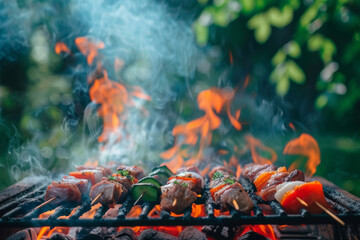 Barbecue grill sizzling with flames and smoke, surrounded by fresh ingredients such as vegetables, meats, and skewers, outdoor party.