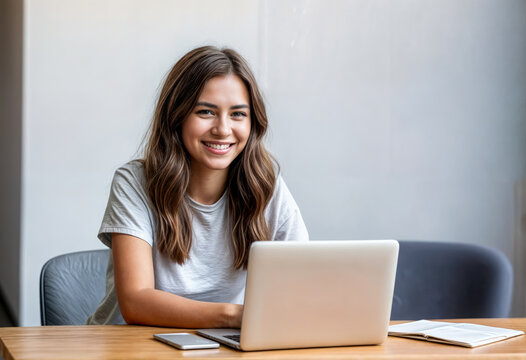 Smiling Businesswoman in Modern Startup Office with Laptop