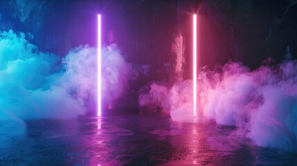 Two neon lights with smoke isolated on black background