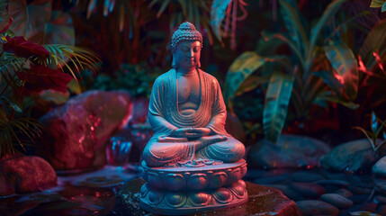 A statue of a Buddha is sitting on a rock in a zen garden, a peaceful and serene background.