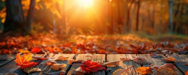 Warm, autumnal sunlight filters through fallen leaves on a rustic wooden table, capturing the...