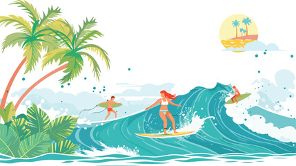Fototapeta na wymiar Summer seascape with palm trees man woman surfing 