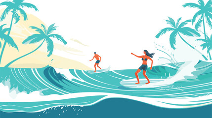 Summer seascape with palm trees man woman surfing 