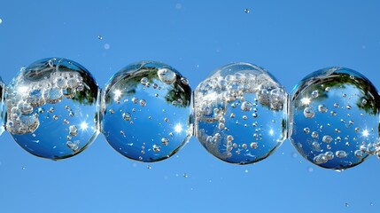 Image of a chain of transparent bubbles in shampoo on a blue background. Lather with soap.