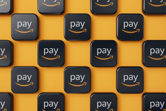 LONDON, UK - April 2024: Amazon pay online payment sharing service provider company logo. 3D Rendering