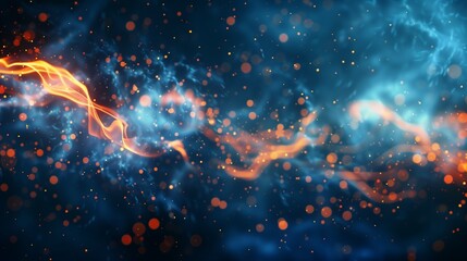 Energetic abstract with fiery streaks in a cool blue setting. The image depicts dynamic orange flames and sparks over a tranquil blue backdrop, embodying a blend of heat and calm. - Powered by Adobe