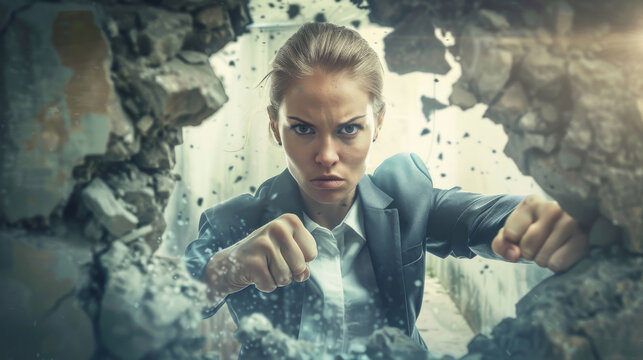 A woman in a suit is punching a wall. The image is a representation of a woman's inner strength and determination