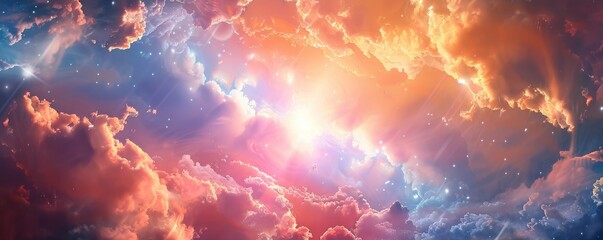 vibrant sky with golden sun rays piercing through a multitude of colorful clouds
