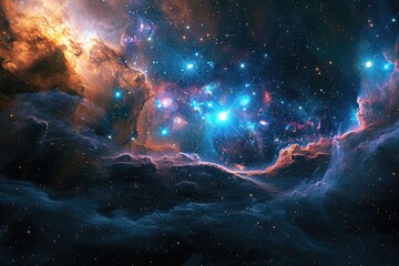 Universe, Dreamlike celestial landscape with twinkling stars and bright galaxies, AI-generated