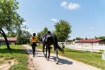 Trainer walking with black horse on footpath at manege square