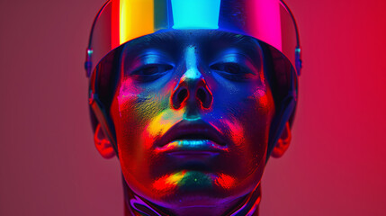 Young Man with Futuristic Neon Visor, Cyberpunk Aesthetic Portrait
