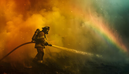 Icon of a firefighter battling a blaze when suddenly a burst of water from the hose creates a rai Generative AI - obrazy, fototapety, plakaty