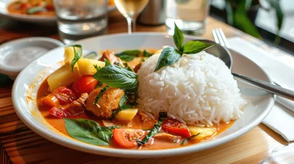 Fototapeten Delicious chicken curry with rice on table in restaurant © tnihousestudio