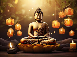 Buddha statue with lotus flowers and candles on bokeh background. Happy Vesak Day.