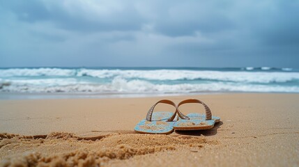 Fototapeta na wymiar Flip flops on the beach with stormy sea background.