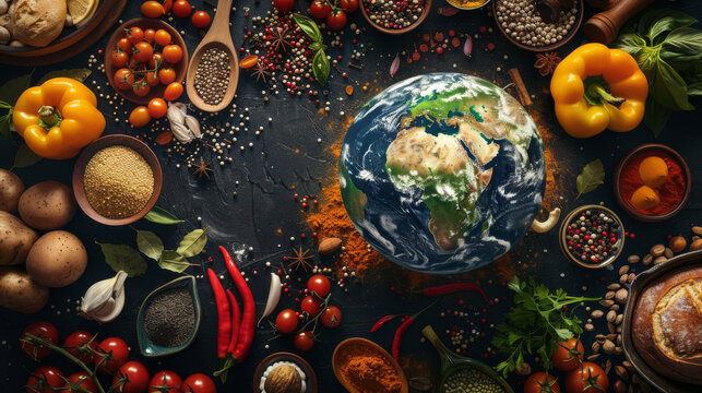 World Food Day, Earth globe at the heart of a variety of food, spices, and cooking utensils, highlighting the global diversity and flavors of international cuisine.