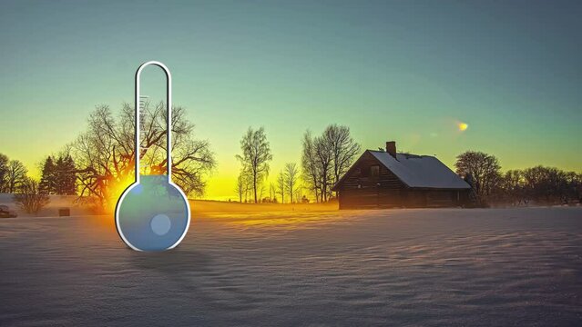 Temperature drops as the sun goes down in the winter countryside - time lapse with thermometer graphic 