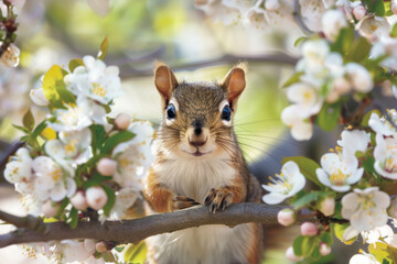 A squirrel peeking out from the branches of a blossoming tree, wildlife and joy of spring concept.