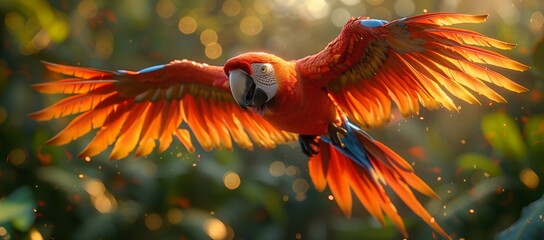 A vibrant red parrot soars through the sky, showcasing its beautiful feathers and spread wings, blending into the natural landscape - Powered by Adobe
