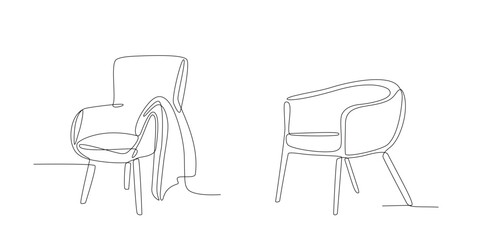 Armchairs collection in continuous single line drawing style. Interior element of furniture. Set of chairs one line drawing. Modern furniture editable stroke. Handdraw contour doodle illustration