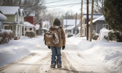Young boy is going to school with school bag during winter - obrazy, fototapety, plakaty