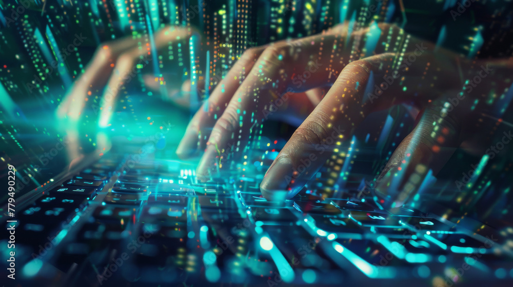 Aufkleber hand typing on a futuristic keyboard, digital asset codes flowing in blue and green glowing light, p