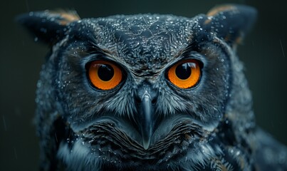 A close up of an Eastern Screech owls head with striking orange eyes staring directly at the camera, showcasing its grey feathers, beak, and beautifully colored iris - Powered by Adobe