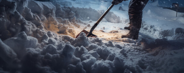 a man is clearing snow with a shovel - obrazy, fototapety, plakaty