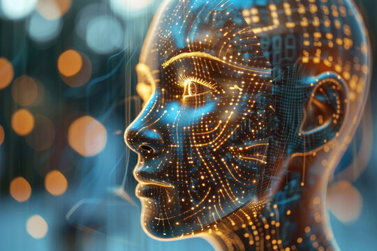 A hologram of artificial intelligence face , futuristic technology innovation concept.