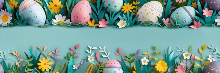 Paper Art Easter Eggs Spring Flowers Background Seamless Pattern