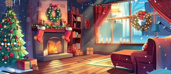Interior design for a living room in a house decorated for Christmas with a fireplace and a Christmas tree. Wood flooring and hardwood furniture add warmth to the room