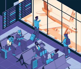 Smiling people sitting and standing in airport arrival waiting room or departure lounge with chairs and information panels. Terminal hall with big airport window. Isometric vector illustration
