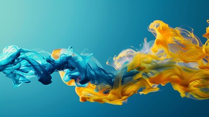 an unconventional advertisement for ink softener with gradient running yellow from top right side until light blue ink isolated on right side ink steam on dark blue background