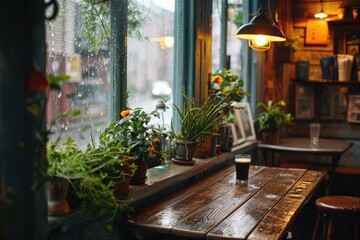 Inside a cozy cafe on a rainy day, AI generated