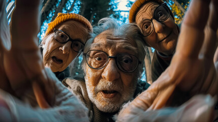 Three funny senior adults taking selfie in the forest