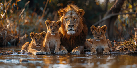  A male lion with his cubs in the river. Created with Ai - obrazy, fototapety, plakaty