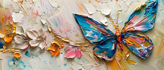 Palette knife abstract in oil, butterfly and petals with gold streaks, capturing the ceramic street arts lively ambiance - obrazy, fototapety, plakaty