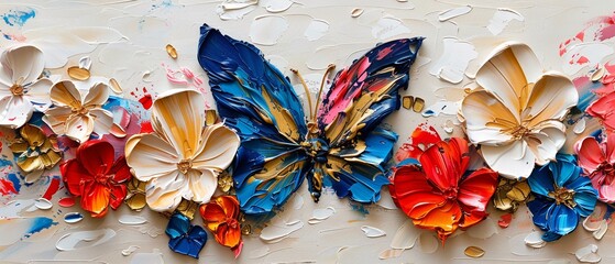 Palette knife abstract in oil, butterfly and petals with gold streaks, capturing the ceramic street arts lively ambiance - obrazy, fototapety, plakaty
