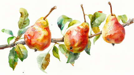 watercolor of fruit pear branch isolated on the light background