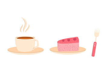 Coffee cup with slice of cherry cake and fork. Sweet bakery piece with hot beverage. Pastry dessert with cream for breakfast. Vector pie and drink flat illustration isolated on white background