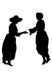 Women dancing folk country music. Isolated silhouette on whit background