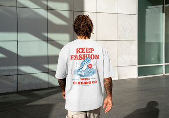 Mockup of man in customizable t-shirt, rear view - obrazy, fototapety, plakaty