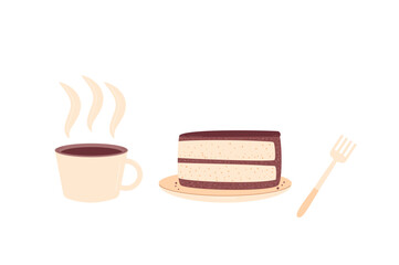 Coffe cup with slice of cake and fork. Sweet bakery piece with hot beverage. Pastry dessert with cream for breakfast. Vector pie and drink flat illustration isolated on white background