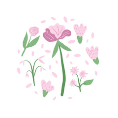 Hand drawn flowers round composition. Botanical nature spring elements circle emblem in doodle style. Vector illustration